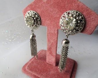 GLAMOROUS Vintage Art Deco Style Earrings,Brilliant Glass Drop Earrings,Silver Tassel Drops,Dangle Flapper Earrings,Collectible Jewelry