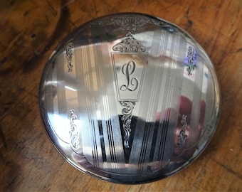 ELEGANT Art Deco BIRKS Sterling Silver and Cut Glass Vanity Jar,Monogram L,Dresser Cosmetic Container,Decorative Boudoir Collectible