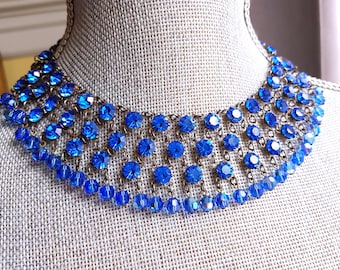 ART DECO 1930s Blue Czech Crystal Glass Bib Necklace, Gorgeous Sparkling Blue Color Faceted Glass Beads, Beautiful Vintage Necklace