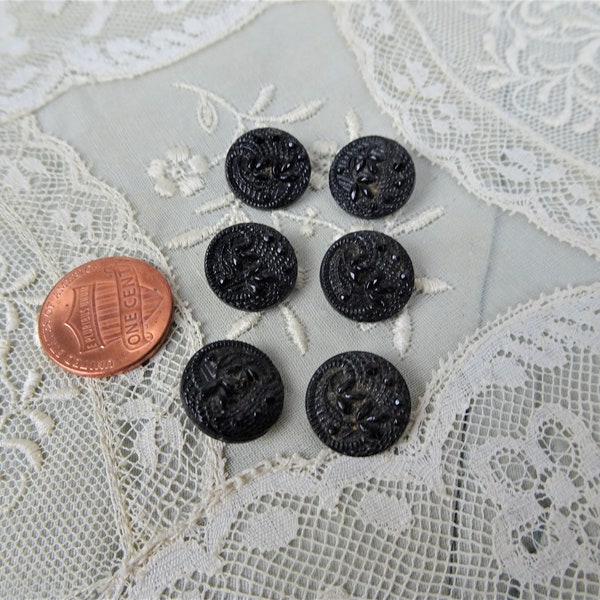 Antique French Jet Glass Victorian Fancy Buttons,Set of 6,Highly Detailed Design,For French Bebe Dolls Jewelry,Collectible Vintage Buttons