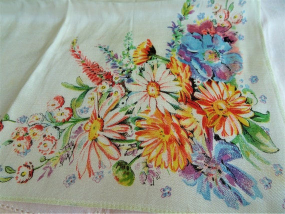 1930s ART DECO Hanky,Silky Hankies, Printed Flowe… - image 1