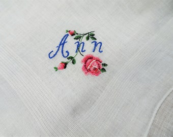 LOVELY Vintage Petit Point Handkerchief,Embroidered ANN Hanky, Fine Workmanship,Wedding Bridal,Something Blue,Collectible Vintage Hankies