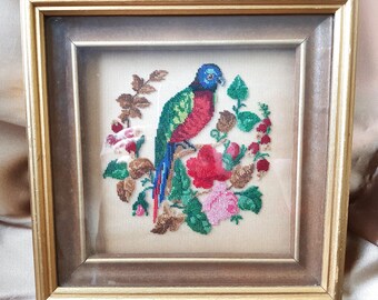 BEAUTIFUL Parrot Bird Vintage 1920s Petit Point Picture,Gilt Wooden Shadow Box Frame, Exotic Bird,   Flowers, Needlework, Home Decor
