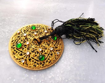 ART DECO Vintage Dresser Vanity Hand Mirror,Czech Ornate Gilt Filigree Metal Faceted Stones,Glass Mirror, Vintage Decorative Vanity Mirror