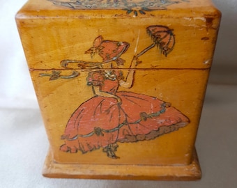 BEAUTIFUL Antique Playing Cards Box, Art Deco Carved and Painted, Flower Basket and Pretty Girl, Useful Decorative,Collectible Vintage Boxes