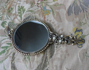 LOVELY Gilt and Pearls Beveled Vanity Mirror,Filigree Gold Metal,Bow Ribbon Motif, Small Double Sided  Mirror,Vintage Decorative Mirrors