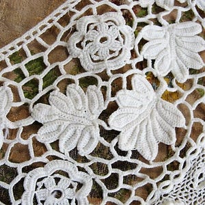 May include: White crocheted lace with a floral design. The lace has a delicate pattern of flowers and leaves.