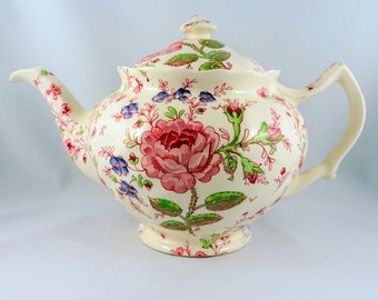 Tetera romántica de chintz rosa, Johnson Bros, hermosas rosas rosadas, patrón de flores azules, tetera grande, teteras inglesas coleccionables con decoración Shabby Chic