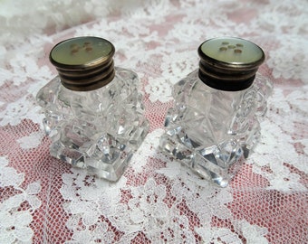 LOVELY Antique Cut Crystal Salt and Pepper Shakers,Silver and Mother of Pearl Tops,Elegant Dining,Wedding Gift,House Warming Gift