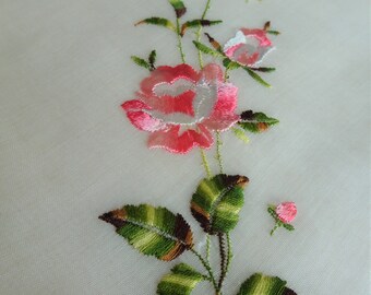 LOVELY Rosy Pink Floral Embroidered Hankie,Vintage Handkerchief,Exceptional Swiss Embroidery,Wedding Bridal Hanky Gifts,Collectible Hankies