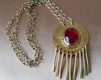 DRAMATIC Rafael Alfandary Necklace Modernist Fringed Brass & Murano Art Glass Cabochon Pendant,Kinetic Jewelry,Vintage Brutalist Art Jewelry