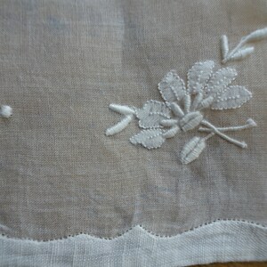 May include: White embroidered floral design on a sheer white fabric with a scalloped edge.