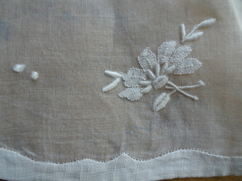 May include: White embroidered floral design on a sheer white fabric with a scalloped edge.