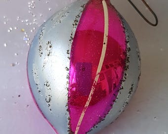 PRETTY Pink, Blue Christmas Tree Ornament,Vintage Hand Blown Glass, Silver Mica,Hand Painted , Holiday Décor,Vintage Holiday Decorations