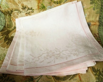 VINTAGE LUXURY Irish PINK Linen Napkins Set of 4 Lovely Napkins, Damask Linen,Elegant Dining,Table Linens, Collectible Vintage Linens