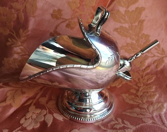 LOVELY Large English Silver Plated Coal-Scuttle Sugar Bowl and Shovel Spoon, Perfect Wedding Present, Elegant Dining, Gift For Her