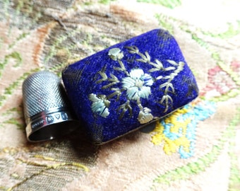 LOVELY Antique Thimble Holder Box and Silver Thimble, Embroidered Velvet Box, Chester Sterling Thimble, Collectible Antique Sewing Tools