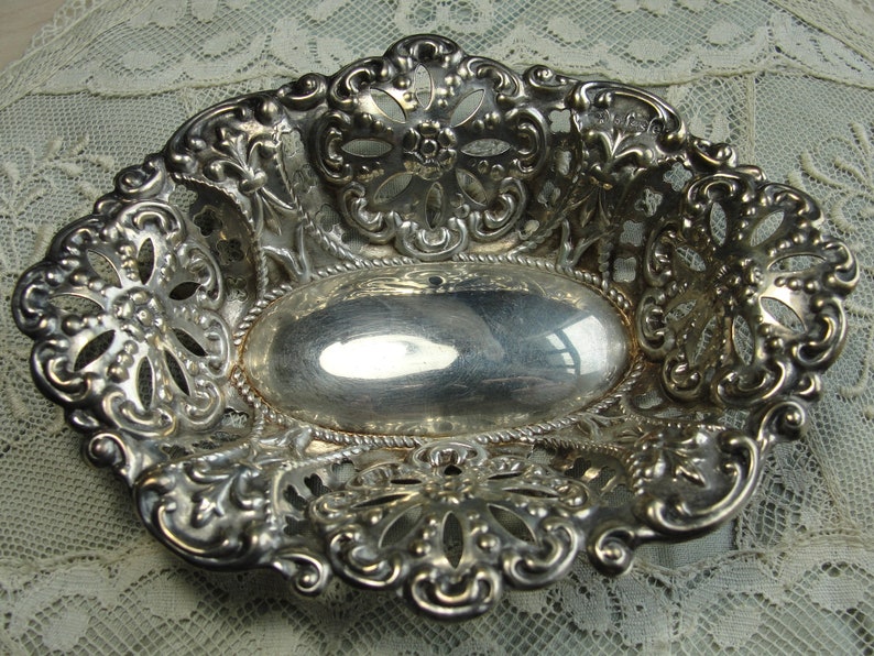 GORGEOUS Antique English Sterling Silver Ornate Dish,Lace Like Open Work,English Sterling Hallmarks, Fancy Floral Pattern,Collectible Silver image 2