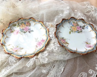 STUNNING Pair of Limoges Plates by LR & L, Beautifully Decorated With Pink Yellow Roses, Powder Blue Border, Scalloped Edges , Gold Trim