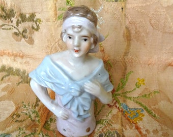 LOVELY Antique Half Doll,Pin Cushion Doll,Porcelain Half Doll,Art Deco Doll,Vanity Display,Collectible Vintage Pin Cushion Dolls