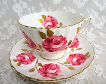 SUMPTUOUS Pink Cabbage Roses Teacup and Saucer, English Bone China, Radfords, Gold Leaves, Collectible Vintage Cups and Saucers