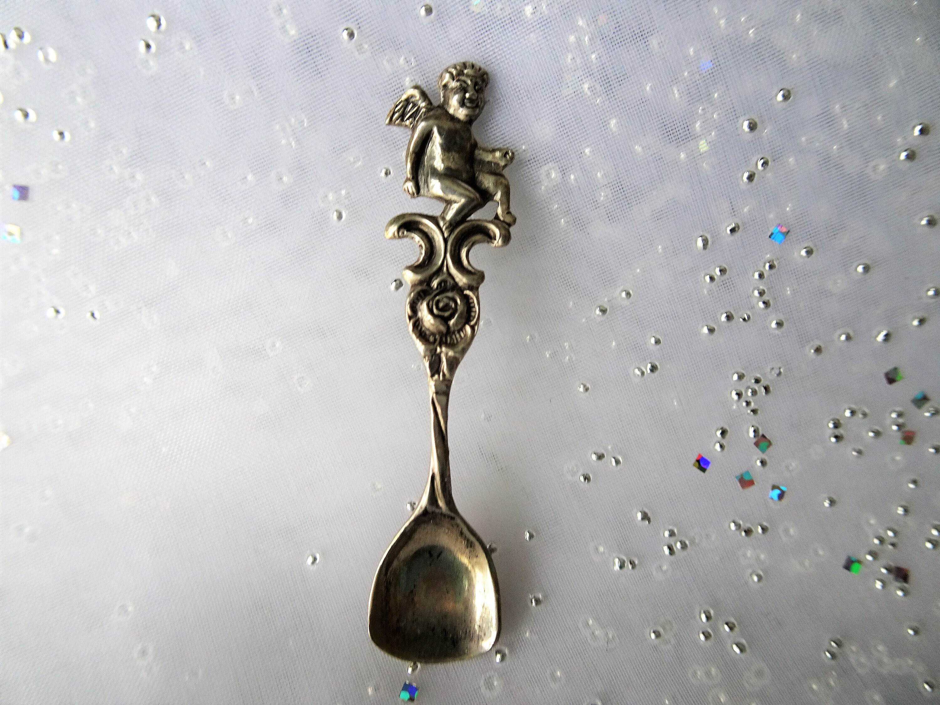 SWEET Antique Salt Spoon,cherub Angel Handle,sterling Silver