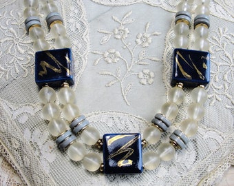 BEAUTIFUL Vintage 1950s-60s Japanese Ceramic n Glass Necklace,Unique Necklace, Frosted Glass Beads,Vintage Made In Japan Jewelry,Collectible