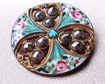 BEAUTIFUL Antique Button, Blue With Pink Roses Enamel, Glittering Cut Steel, Openwork, 1-3/16 inches ,Collectible Vintage Sewing Buttons