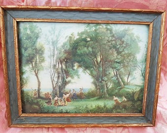 MOOIE ingelijste lithoprint jaren 1920, dansende nimfen in het bos, mooie sierlijke houten lijst, art-decotijdperk, decoratieve vintage prints, wanddecoratie