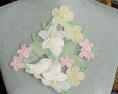 LOVELY Intricate Heavily Embroidered Vintage APPLIQUE Pink Yellow White Flowers Corsage Large Trim Hats,Wedding Bridal Flapper Clothing