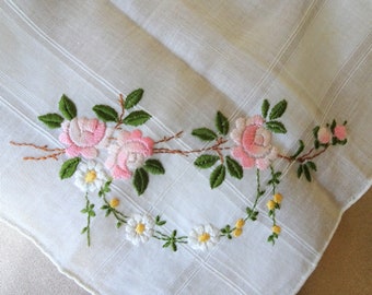 LOVELY Embroidered Hanky,Pink Rose Flowers Embroidery Hankie, Exceptional Handkerchief,Wedding Bridal Hanky,Collectible Vintage  Hankies