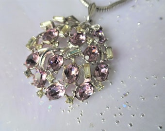 BEAUTIFUL Vintage Crown Trifari Pendant and Chain, Sparkling Faceted Purple White Glass Stones,Silver Snake Chain, Lovely Vintage Necklace