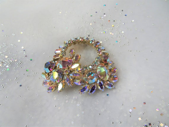 SPECTACULAR Large Art Glass Vintage Brooch, AB Crystal Rhinestones