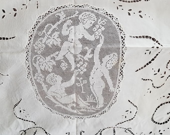 STUNNING Antique Bedspread/Tablecloth,Italian Linen,Bobbin Lace,Fine Filet Lace,Cherubs,Cutwork, Dazzling Handwork, Must Have Vintage Linens