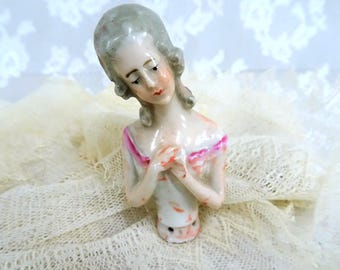 ANTIGA Metade de boneca, boneca de almofada de alfinetes, fabricação alemã, meia boneca de porcelana, boneca art déco, exibição de vaidade, bonecas de almofada de alfinetes vintage colecionáveis
