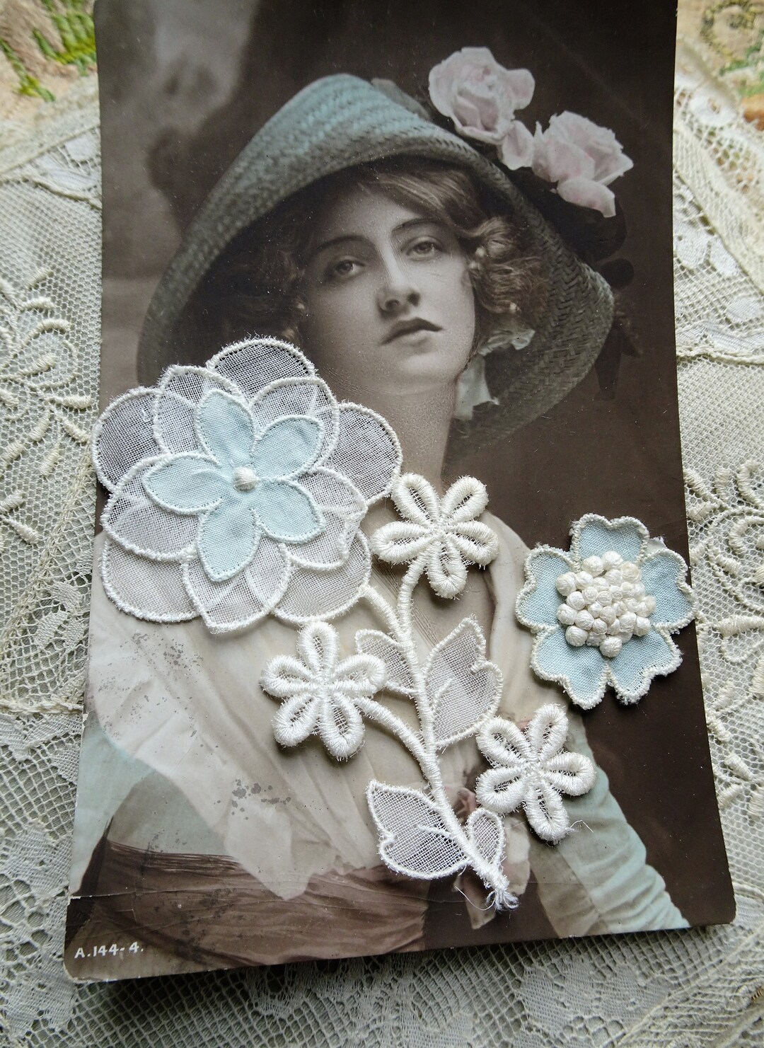 VINTAGE French Applique Trims, Multi Layer Petal Floral Corsages, Small