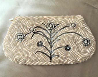 GORGEOUS 1920s Art Deco French Beaded Purse Evening Bag,Pearl and Glass Beads, Collectible Antique Purses, Bridal Handbags