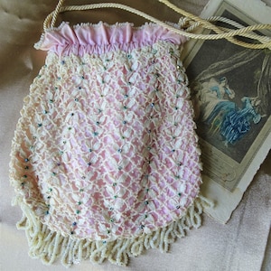 GORGEOUS Victorian Edwardian Purse,1900s Bobbin Lace and Beaded Reticule Purse, Cream and PINK Bag, Collectible Antique Purses