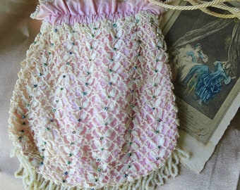 GORGEOUS Victorian Edwardian Purse,1900s Bobbin Lace and Beaded Reticule Purse, Cream and PINK Bag, Collectible Antique Purses