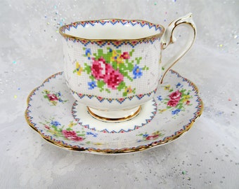 ROMANTIC Vintage Tea Cup and Saucer,Petit Point,Royal Albert,English Bone China,Bridal Showers,Hostess Gift,Tea Parties,Collectible Teacups