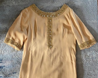 1960s Beaded Yellow Gold Dress Union Made - L / XL - FLAWS