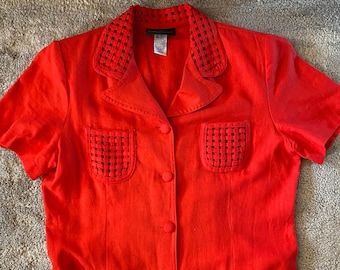 Vintage 1990s Cherry Red Woven Pocket Shirtwaist Dress L / XL