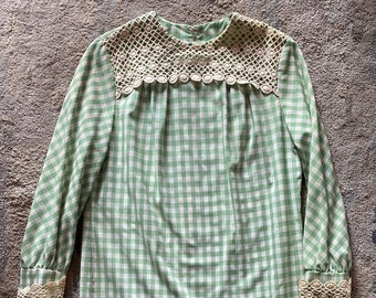 1960s Green Gingham Lace Dress - M / L / XL