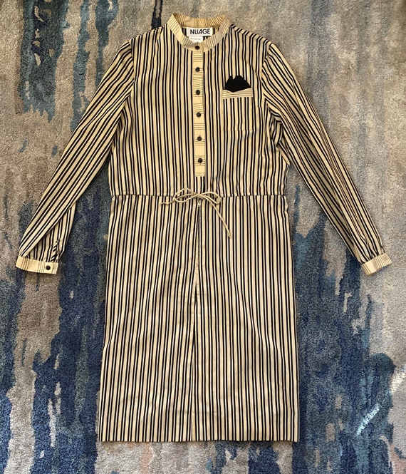 Vintage 1970s Black and Beige Stripe Dress - L / … - image 2