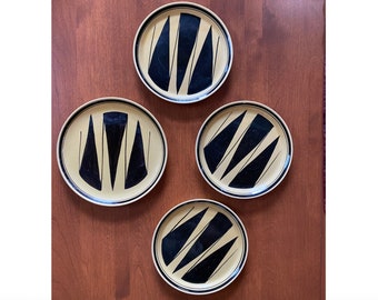 Four MCM Plates - 1960s Bo Fajans Earthenware Beige Black Triangle Petite Plates