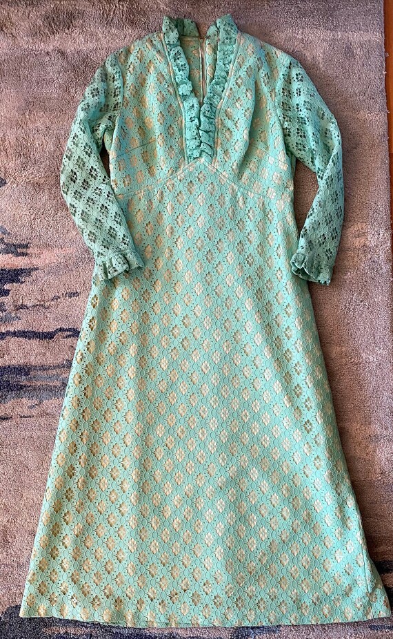 70s Pastel Green Eyelet Cutout Ruffle Gown Dress Br… Gem