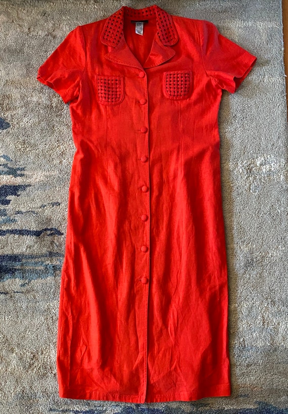 Vintage 1990s Cherry Red Woven Pocket Shirtwaist … - image 3