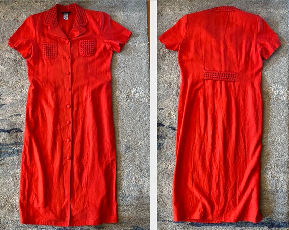 Vintage 1990s Cherry Red Woven Pocket Shirtwaist … - image 2