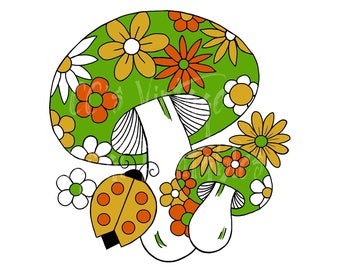 70s Retro Mushroom Ladybug PNG: Floral Sublimation Design (Digital Download)
