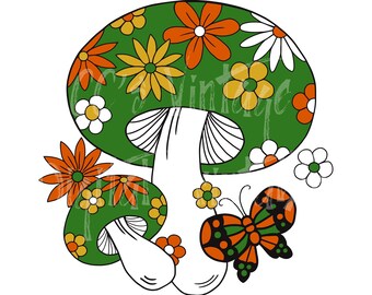 Hongo retro de los 70 PNG: Flores, mariposas, imágenes prediseñadas bohemias (descarga digital)